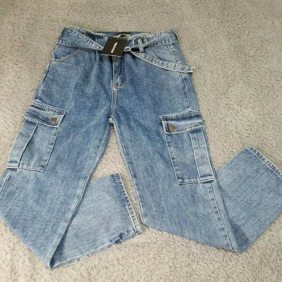 PrettyLittleThing Denim - Pretty Little Thing Cargo Pocket Assymetrical Boyfriend Jeans NWT Women's US 6